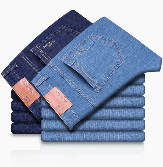 Summer Thin Men's Elastic Cotton Jeans Fashion Blue Comfortable Business Straight Casual Pants Brand Male Clothes Trousers