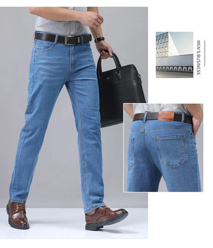 Summer Thin Men's Elastic Cotton Jeans Fashion Blue Comfortable Business Straight Casual Pants Brand Male Clothes Trousers