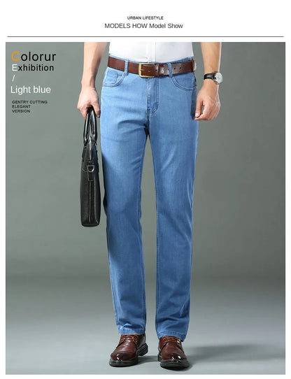 New Thin Denim Jeans Men's Blue Straight Stretch Cotton Pants High Quality Business Casual Lightweight Pants Summer Autumn