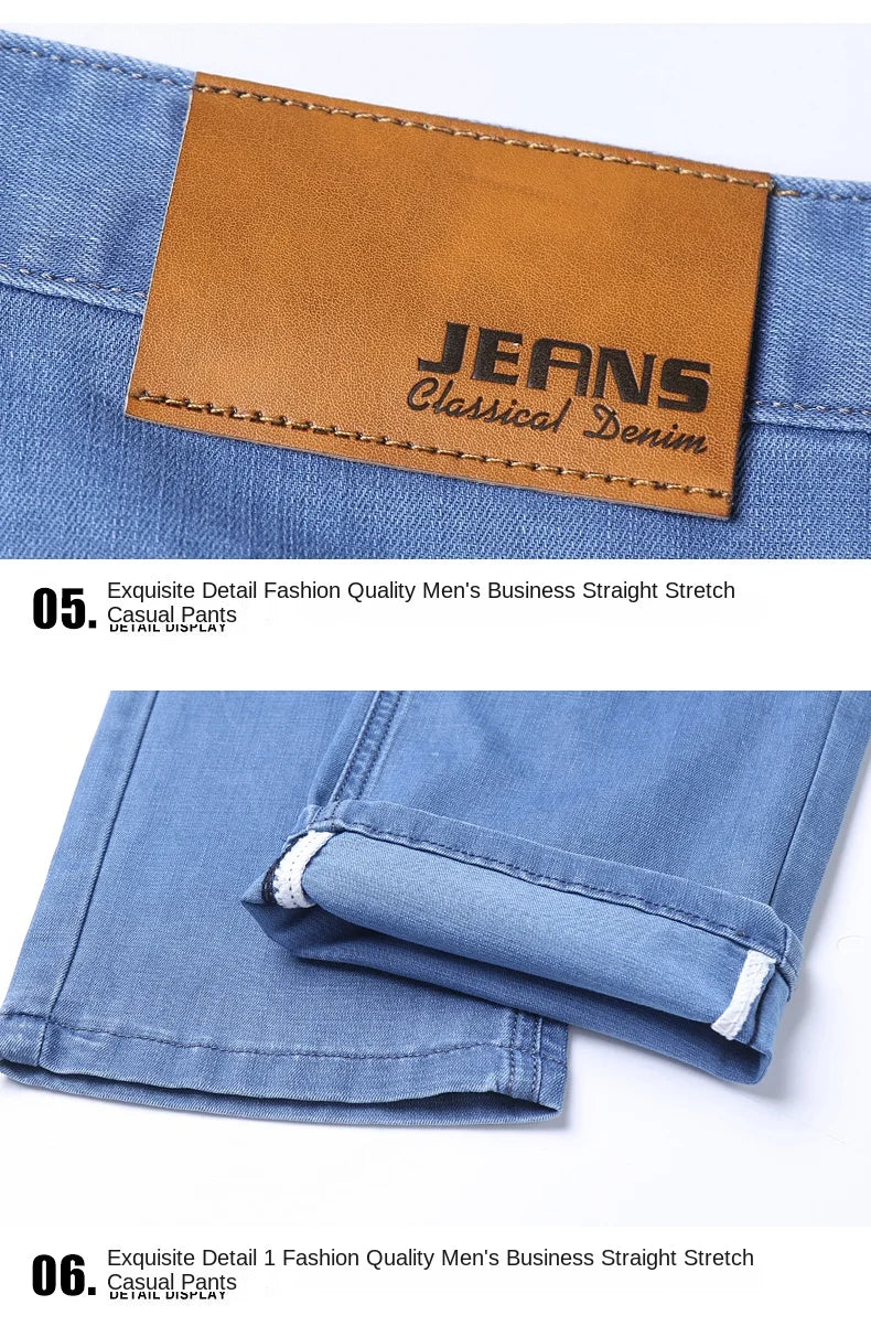 New Thin Denim Jeans Men's Blue Straight Stretch Cotton Pants High Quality Business Casual Lightweight Pants Summer Autumn