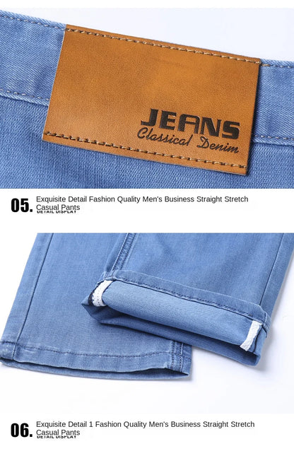 New Thin Denim Jeans Men's Blue Straight Stretch Cotton Pants High Quality Business Casual Lightweight Pants Summer Autumn