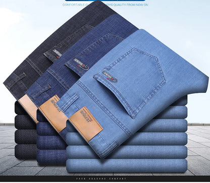 New Thin Denim Jeans Men's Blue Straight Stretch Cotton Pants High Quality Business Casual Lightweight Pants Summer Autumn