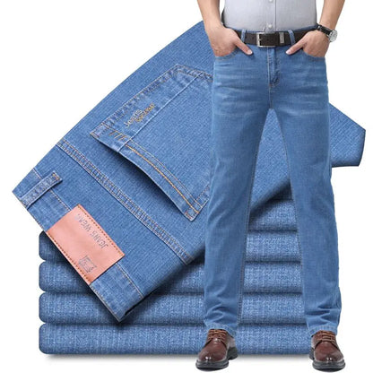 Summer Thin Men's Elastic Cotton Jeans Fashion Blue Comfortable Business Straight Casual Pants Brand Male Clothes Trousers
