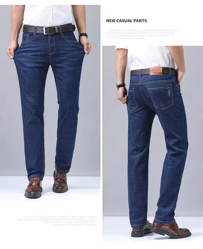Summer Thin Men's Elastic Cotton Jeans Fashion Blue Comfortable Business Straight Casual Pants Brand Male Clothes Trousers