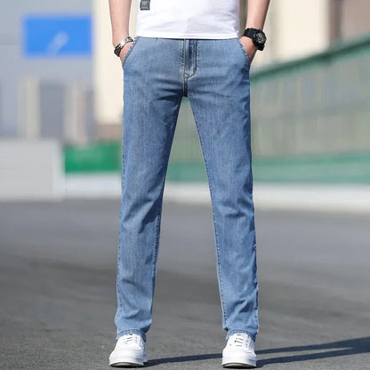 KUBRO 2024 Summer New Men's Loose Stretch Gray Jeans Fashion Casual Stretch Straight-leg Denim Pants Male Light Blue Brand