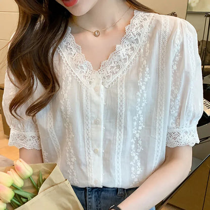 Summer Short Sleeve White Blouse Shirt Women Tops Blusas Mujer De Moda 2024 Verano Lace V-Neck Blouse Women Blouses Blusa F452