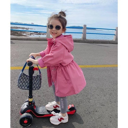 Spring Autumn Girls Coat Long Style Adjustable Waist Design Hooded Sweatshirt For Kdis Children Outdoor Windbreaker Outerwear
