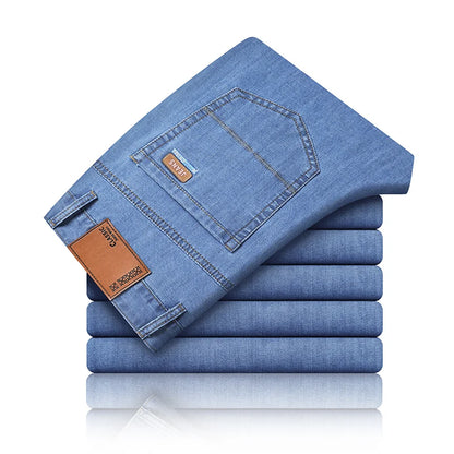 New Thin Denim Jeans Men's Blue Straight Stretch Cotton Pants High Quality Business Casual Lightweight Pants Summer Autumn