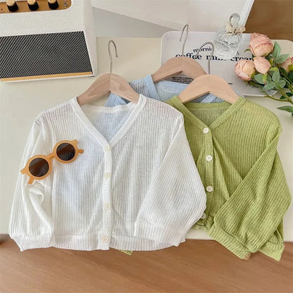 Girls Summer Thin Cardigan Jacket Breathable Outdoor Children Sun Protection Suit Coats Solid Baby Kids Air-conditioned Clothing