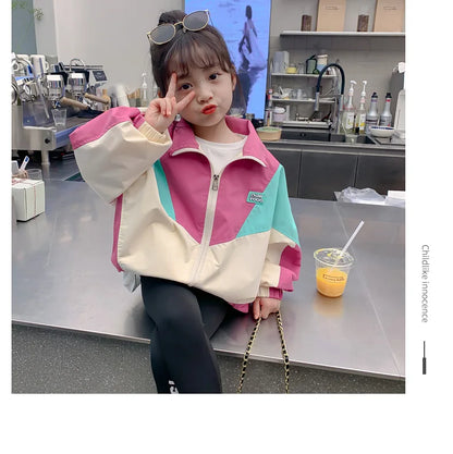 Spring Autumn Girls Coat Long Style Adjustable Waist Design Hooded Sweatshirt For Kdis Children Outdoor Windbreaker Outerwear