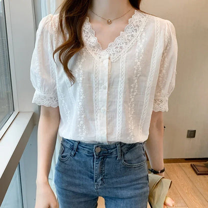 Summer Short Sleeve White Blouse Shirt Women Tops Blusas Mujer De Moda 2024 Verano Lace V-Neck Blouse Women Blouses Blusa F452