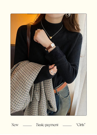 Women's Turtleneck Sweater Winter 2025 Retro Red with Velvet Lining Thickened Inner Wear Thermal Knitting Bottoming Shirt
