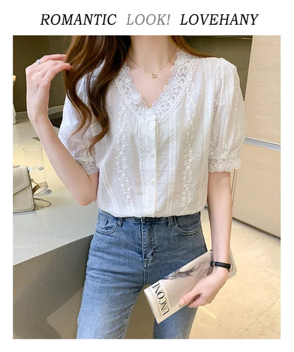 Summer Short Sleeve White Blouse Shirt Women Tops Blusas Mujer De Moda 2024 Verano Lace V-Neck Blouse Women Blouses Blusa F452