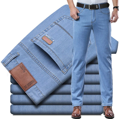New Thin Denim Jeans Men's Blue Straight Stretch Cotton Pants High Quality Business Casual Lightweight Pants Summer Autumn