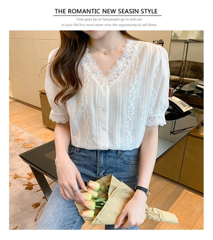Summer Short Sleeve White Blouse Shirt Women Tops Blusas Mujer De Moda 2024 Verano Lace V-Neck Blouse Women Blouses Blusa F452