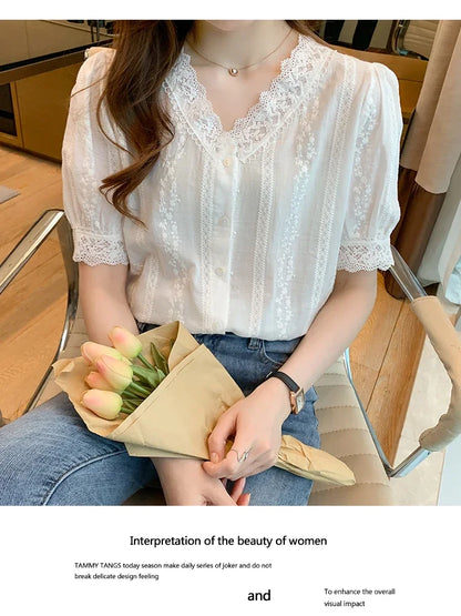 Summer Short Sleeve White Blouse Shirt Women Tops Blusas Mujer De Moda 2024 Verano Lace V-Neck Blouse Women Blouses Blusa F452