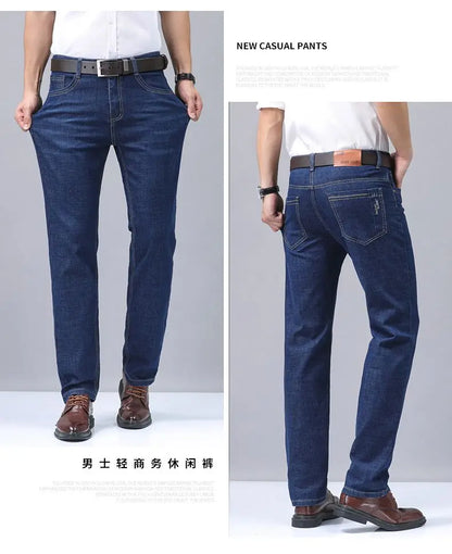 Summer Thin Men's Elastic Cotton Jeans Fashion Blue Comfortable Business Straight Casual Pants Brand Male Clothes Trousers
