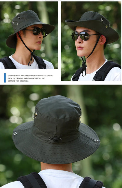 Windproof Men Outdoor Hat Wide Brim Flat Top Men Camping Hat Letter Print Anti-UV Strap Hollow Out Men Fisherman Hat Headwear
