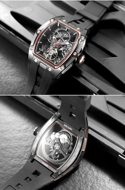 MEGIR Men's Automatic Mechanical Watch with Stainless Steel Case Silicone Band Skeleton Dial Waterproof Sport Wristwatch
