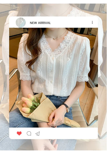 Summer Short Sleeve White Blouse Shirt Women Tops Blusas Mujer De Moda 2024 Verano Lace V-Neck Blouse Women Blouses Blusa F452