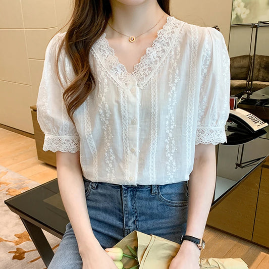 Summer Short Sleeve White Blouse Shirt Women Tops Blusas Mujer De Moda 2024 Verano Lace V-Neck Blouse Women Blouses Blusa F452