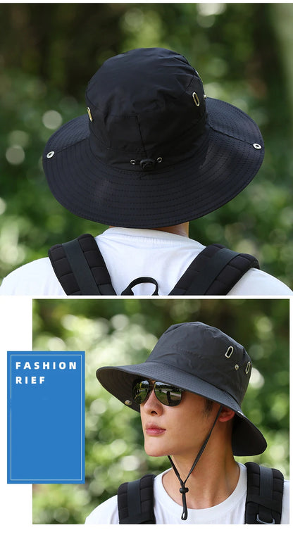 Windproof Men Outdoor Hat Wide Brim Flat Top Men Camping Hat Letter Print Anti-UV Strap Hollow Out Men Fisherman Hat Headwear